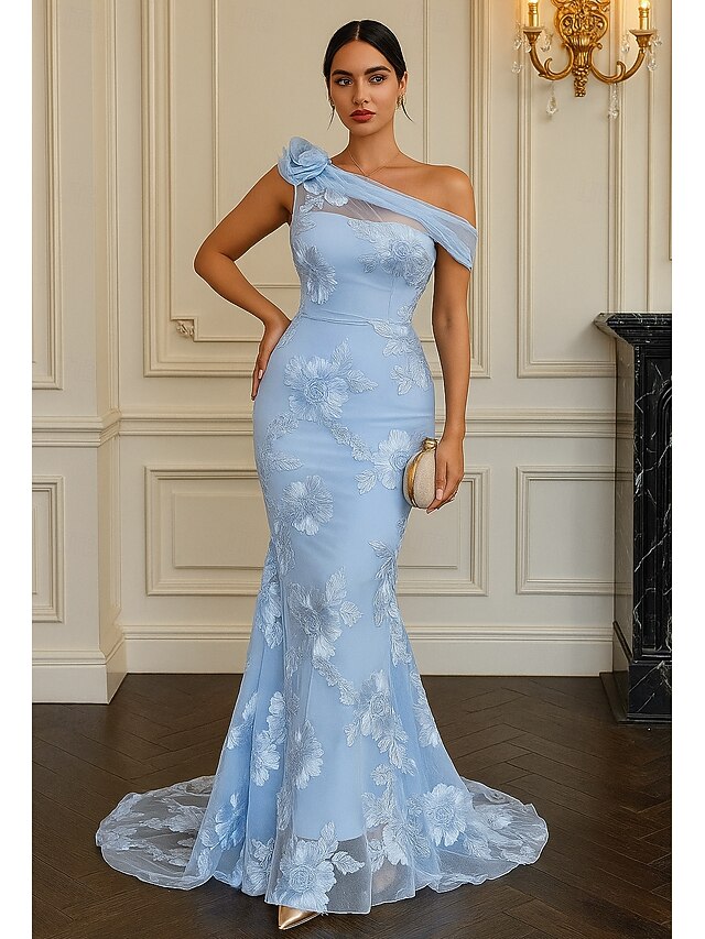 Mermaid Floor Length Long Sleeves Asymmetrical Neck Floral Mother of the Bride Dress Evening Gown