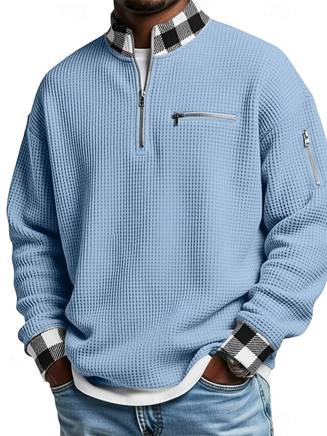 Men's Waffle T-shirt T Shirt Long Sleeve Half Zip Fall & Winter Solid ...
