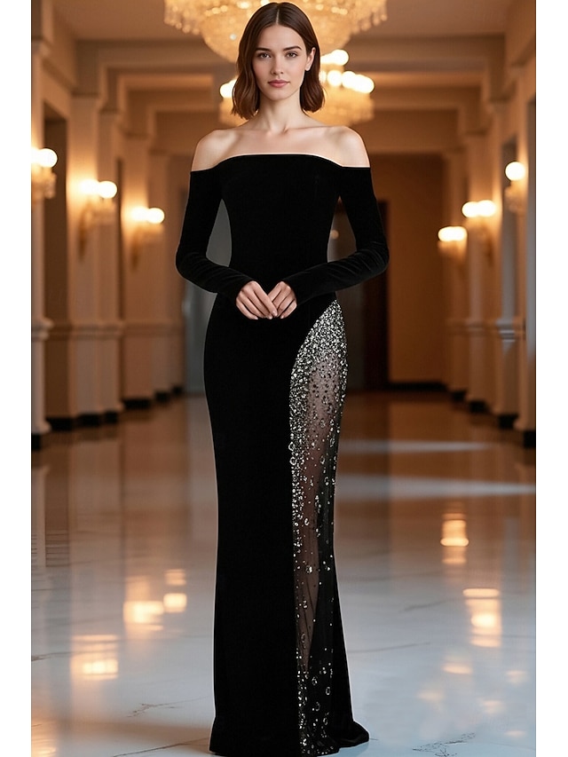 Sheath/Column Floor Length Evening Dresses Long Sleeves Silk Like Satin With Ruched