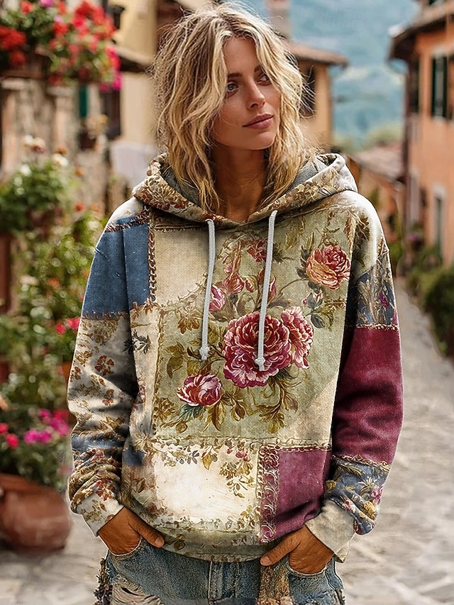  מעיל הודי וינטאג' בוהו לנשים מדפסת תלת ממד פאטצ'וורק מעיל סוודר פרחוני סוודר פולאובר סוודר אוברסייז חם ספורטיבי קפוצ'ון יומיומי פאטצ'וורק שחור לבן צהוב ורוד כהה אביב סתיו חורף