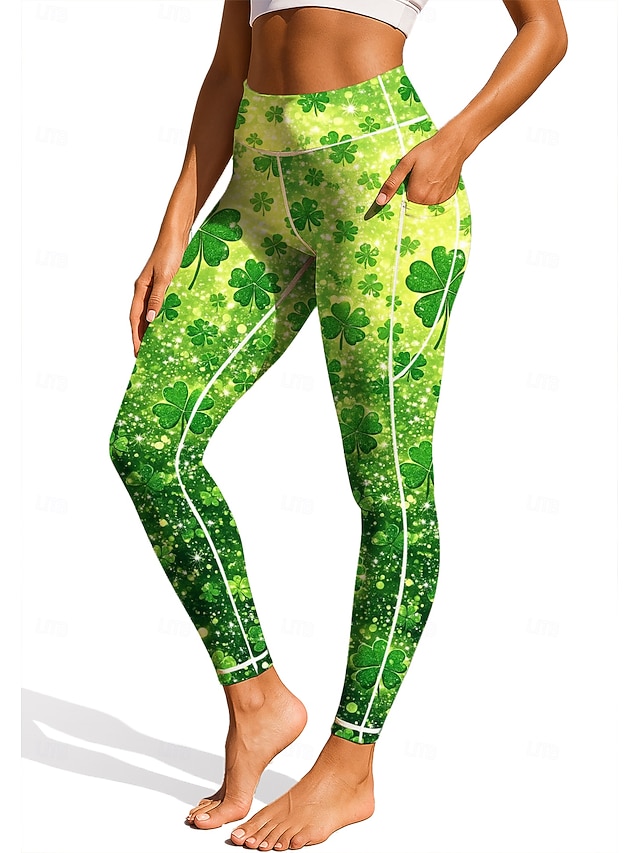  Svatý Patrik Dámské legíny na pilates Fitness kalhoty Legíny na cvičení Kapsy Kolkovné Boční kapsy Pilates Tělocvična Cvičení v tělocvičně Cyklistické kalhoty Legíny Spodní část oděvu Trávová zelená