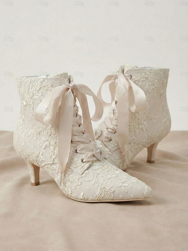 Women's Vintage Lace Ankle Boots with Satin Ribbon Laces and Kitten ...