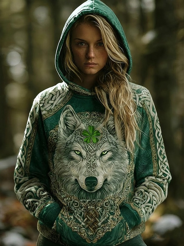 St Patrick's Day Wolf Women's Pullover Hoodie Sweatshirt Graphic Animal ...