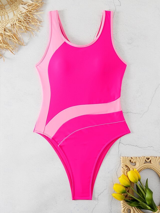 One Piece Swimsuit Slimming Colorblock Monokini High Cut Tummy Control High Waist Slim Backless Vacation Graphic Polka Dot U Neck Sleeveless Bathing Suits main image 0