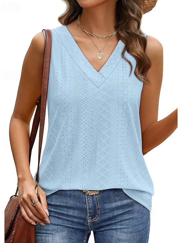 T-shirt Femme Col V Manches 3/4 - Coton Ample, Couleur Unie - Décontracté, Pour L'été - 4