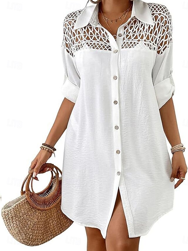 Black Shirt White Pants Woman 2026.Women's Mini Dress White Dress Beach Dress Black Dress Shirt Dress ...