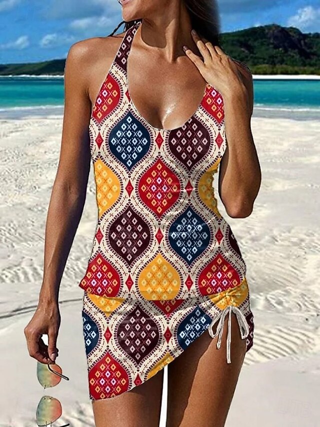 Costume Tankini Donna Con Gonna – Push Up Halter Senza Ferretto – Mesh Trasparente E Spalline Regolabili – Per Spiaggia E Piscina - 3