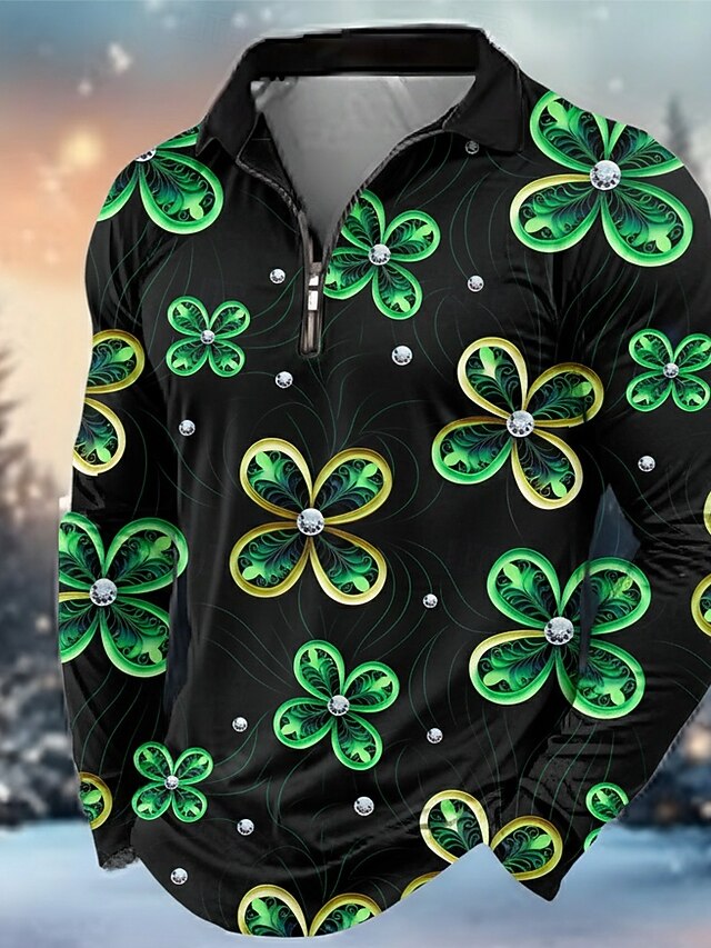 Black White Printed Suits Men 2026.St Patrick's Day Men's Shamrock Polo Shirts Long Sleeve Turndown Modern ...