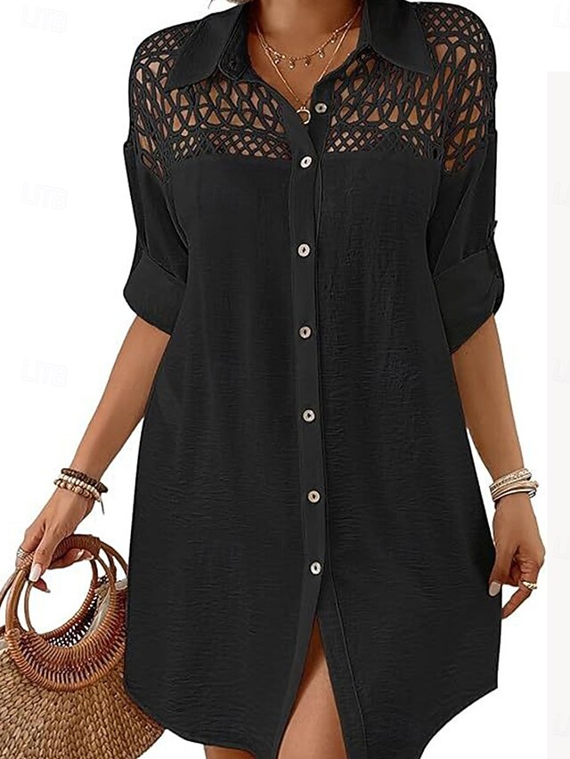 Black Shirt White Pants Woman 2026.Women's Mini Dress White Dress Beach Dress Black Dress Shirt Dress ...