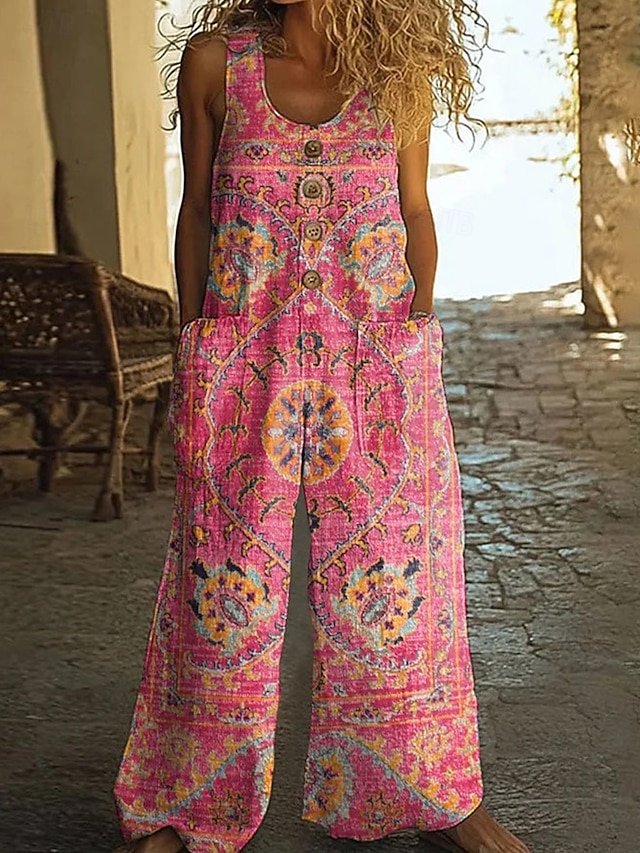 Boho Print Wide Leg Jumpsuit ZYXTIM Women's Boho Floral Print Wide