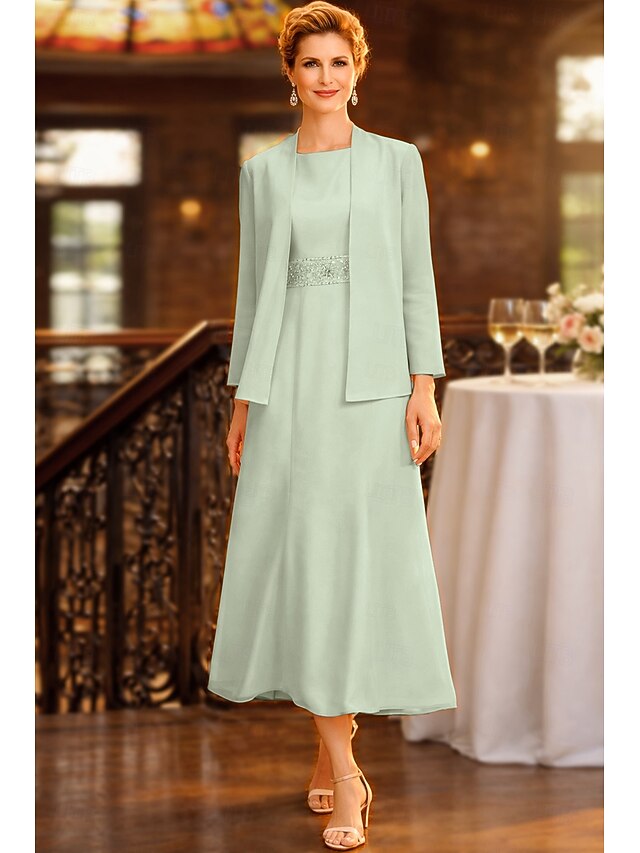Two Piece Sheath Column Tea Length Wedding Guest Dress Mother of the ...