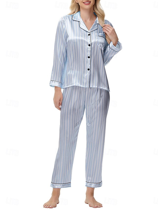 Simple Pyjamas Women's Loungewear Pajama Set Fashion Simple Casual Stripe Satin Silky ...