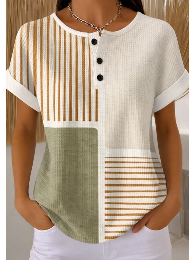 Women's Waffle Textured Knit Tops T Shirt Color Block Ombre Graphic ...