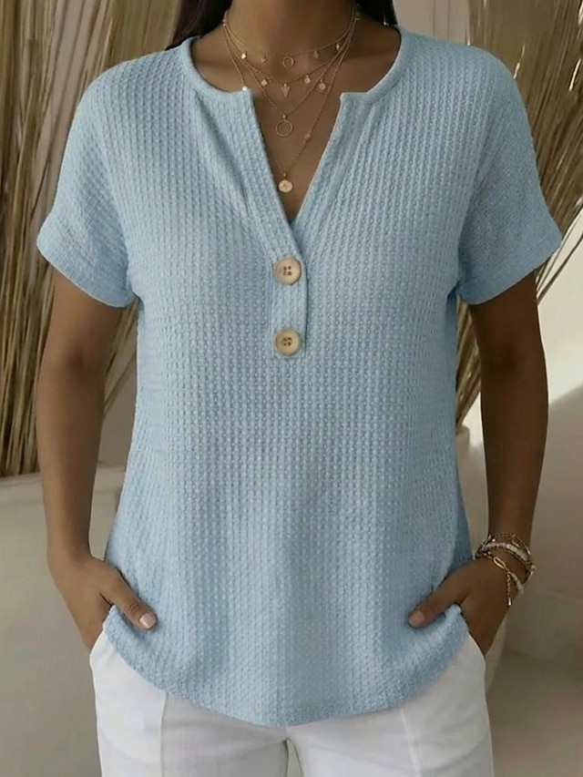 Women's Oversized T Shirt Waffle Knit Tops Drop Shoulder Chest Buttons ...