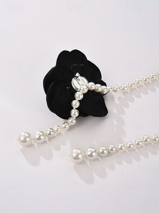 Women's Camellia Faux Pearl Waist Chain Necklace in Black White Multi Wear Elegant Jewelry for Wedding Evening Party, Office Commute & Formal Occasion Styling
