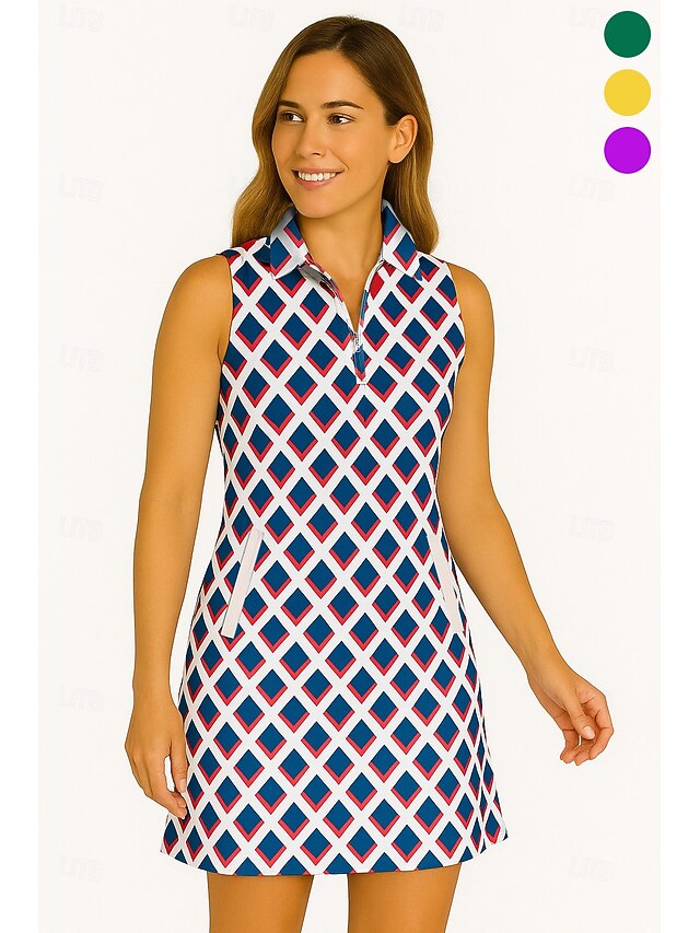  Mulheres Geométrica Vestido de tênis vestido de golfe Vestido sem mangas Sem Manga Zíper Proteção UV Elástico Respirável Tênis Golfe Badminton Colarinho polo Vestidos Amarelo Azul Roxo Roupas de tênis