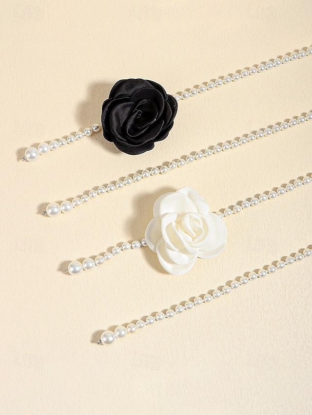 Women's Camellia Faux Pearl Waist Chain Necklace in Black White Multi Wear Elegant Jewelry for Wedding Evening Party, Office Commute & Formal Occasion Styling