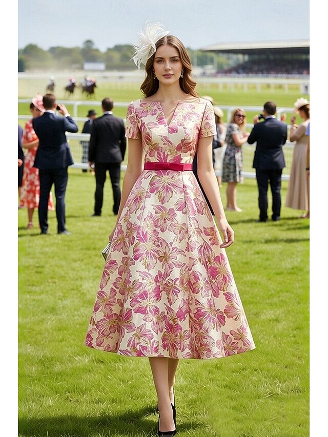 A-Line Tea Length Formal Dresses Cocktail Dresses Elegant Short Sleeve ...
