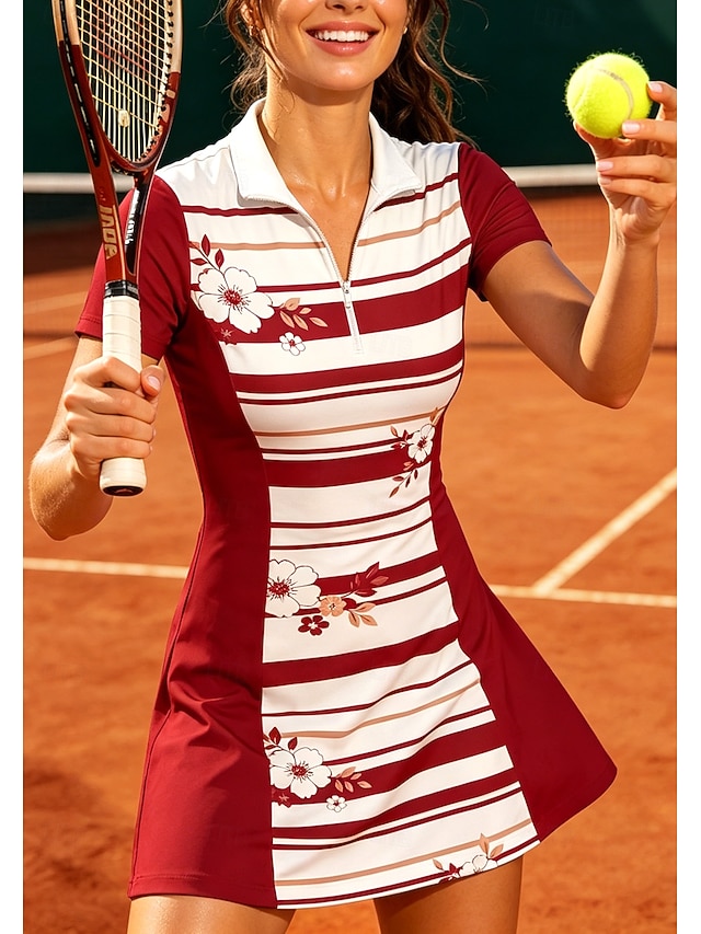  Pentru femei Floral Dungi Rochie sport Rochie polo de tenis Manșon scurt Quarter Zip UPF50+ Elastic Κατά του ιδρώτα Respirabil Volei Tenis Golf Răsfrânt Guler cu fermoar Rochii Rosu Albastru Mov