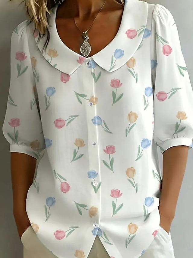 Women's Shirt Button Down Shirt Blouse Buttons Floral Stylish Classic ...