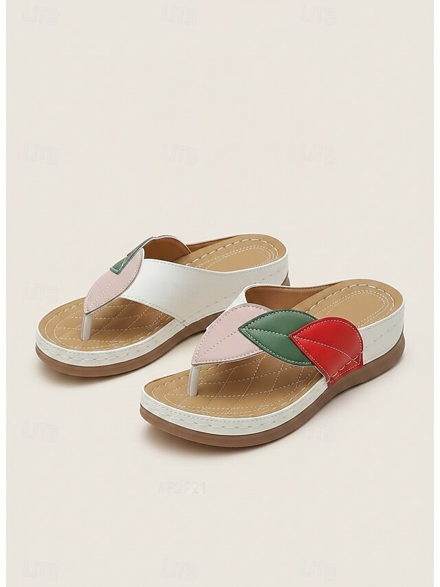 Women's Colorblock Leaf Design Wedge Sandals – Soft Sole Slip-On Flip ...