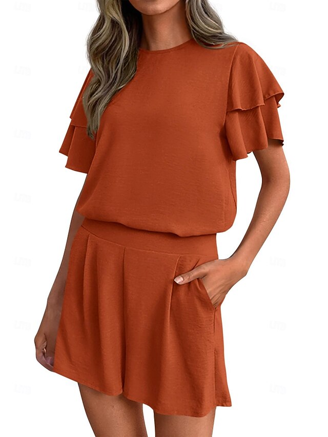 Women's T Shirt Pants Sets Short Sleeve Round Neck Solid Color Ruched ...