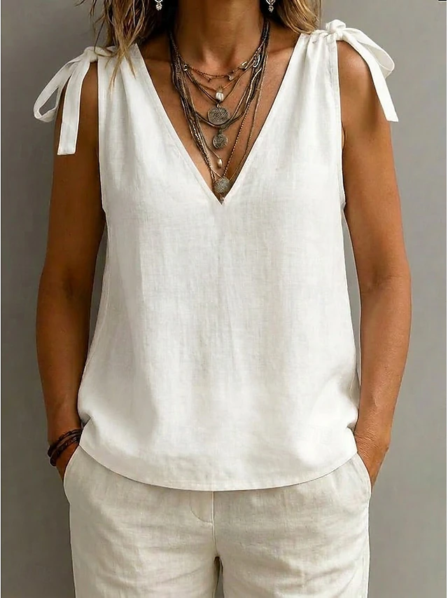 Women's Shirt Drawstring Bow Solid Color Vacation Tropical Sleeveless ...