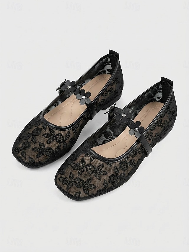 Women's White Lace Floral Mary Jane Flats - Elegant Mesh Embroidery ...