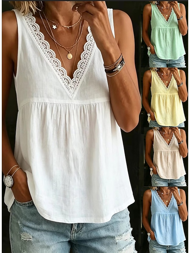 Women's Blouse Tank Lace Solid Color Vintage Stylish Classic Sleeveless ...