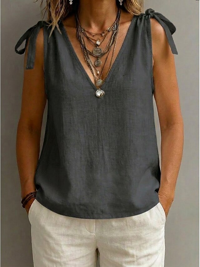 Women's Shirt Drawstring Bow Solid Color Vacation Tropical Sleeveless ...