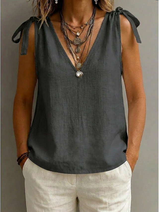 Women's Shirt Drawstring Bow Solid Color Vacation Tropical Sleeveless ...