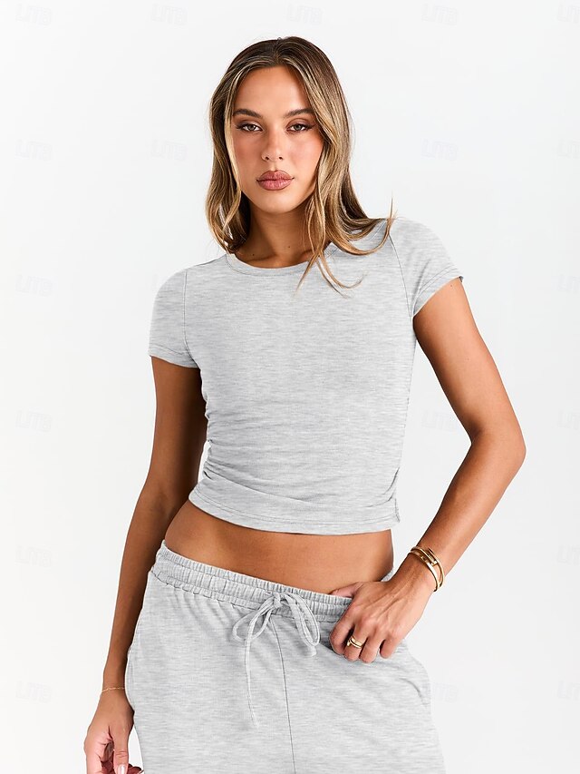 Women's T Shirt Pants Sets Short Sleeve Round Neck Solid Color Fashion ...
