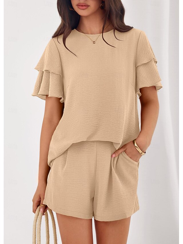 Women's T Shirt Pants Sets Short Sleeve Round Neck Solid Color Ruched ...