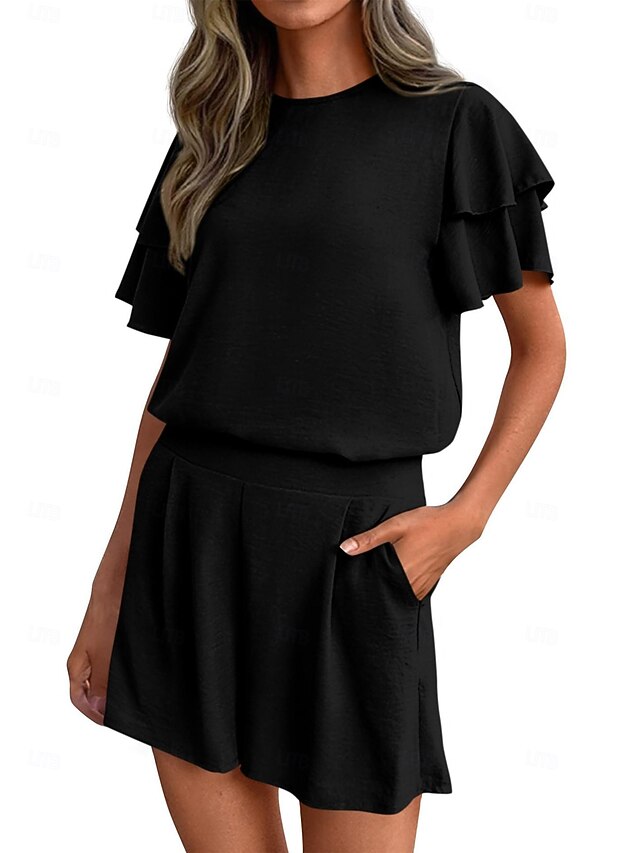 Women's T Shirt Pants Sets Short Sleeve Round Neck Solid Color Ruched ...