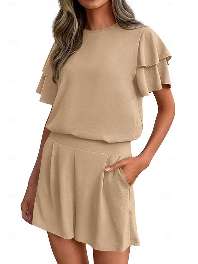 Women's T Shirt Pants Sets Short Sleeve Round Neck Solid Color Ruched ...