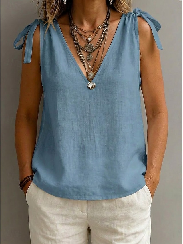 Women's Shirt Drawstring Bow Solid Color Vacation Tropical Sleeveless ...
