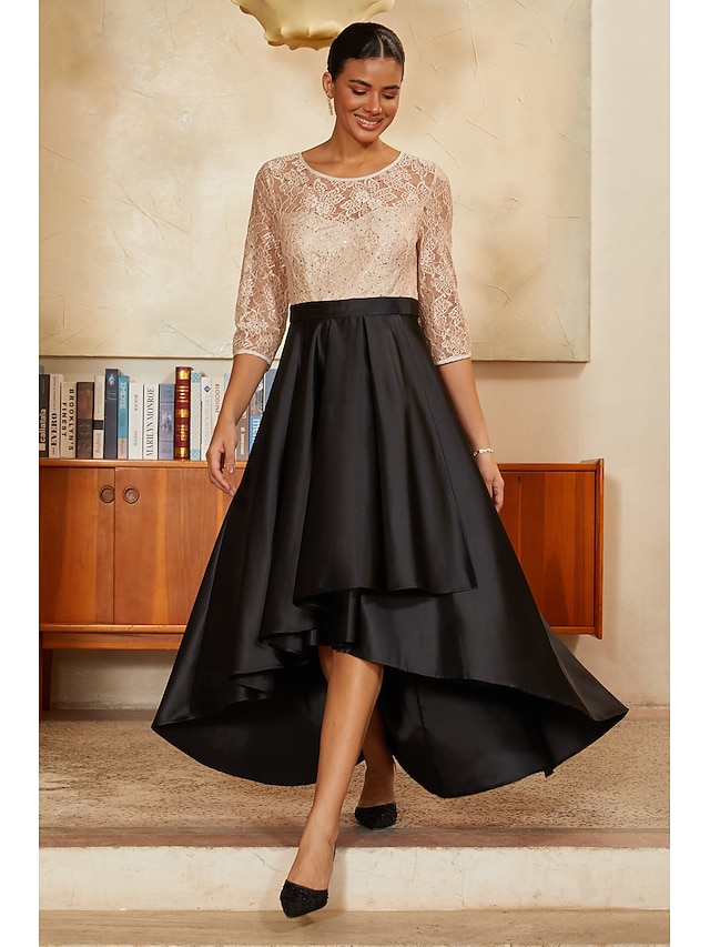  Damen A-Linie High-Low-Kleid Cocktailkleid Kleid für Hochzeitsgäste Knöchellänge Rundhalsausschnitt Dreiviertelarm Illusionsärmel Hohe Taille Elegant Mutter der Braut mit Satin Paillettenspitze