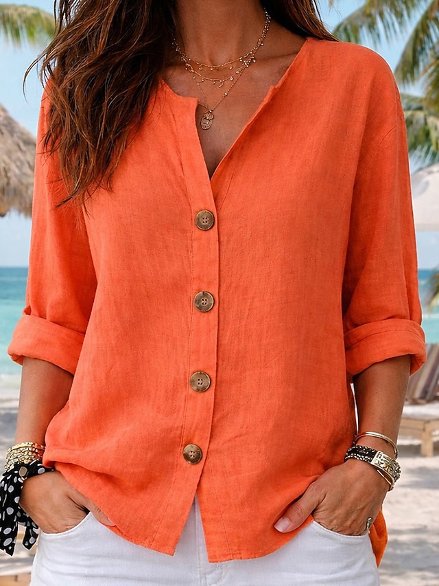  Per donna Camicie di cotone e lino Blusa Bottoni Tinta unica Quotidiano Casual Manica 3/4 Scollo a V Top lunghi Quotidiano Spiaggia Nero Bianco Rosso Arancione Verde Estate Primavera Autunno