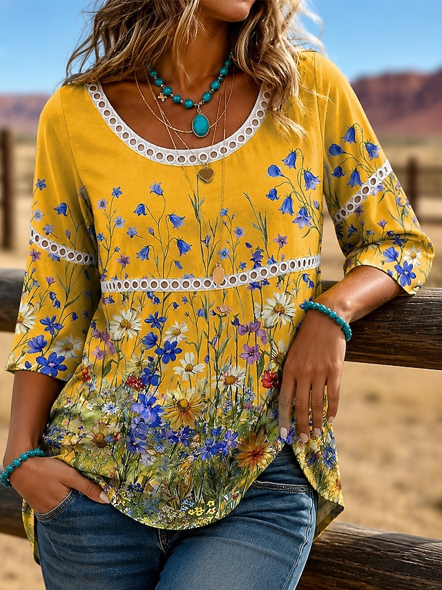 Shirt Ombre Floral Graphic Bohemia Vacation Daily 3 4 Length Sleeve Crew Neck Scoop Neck Long Tops Casual Summer Spring 2026 GBP £29