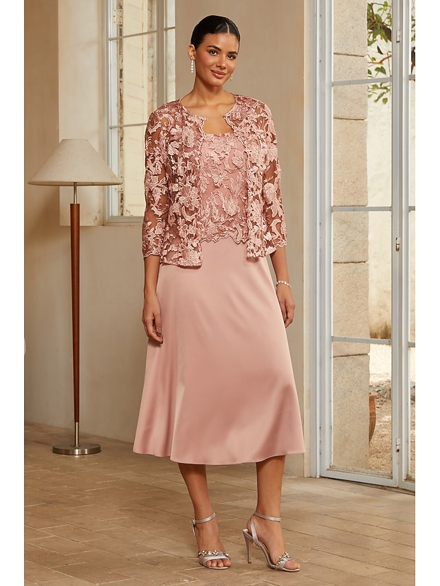  Women's A-Line 2-Piece Dress Sets Cocktail Dress Wedding Guest Dress Tea Length Crew Neck Sleeveless 3/4 Length Sleeve Illusion Sleeve Elegant Mother Of The Bride with Satin Lace Floral Combo Splicing