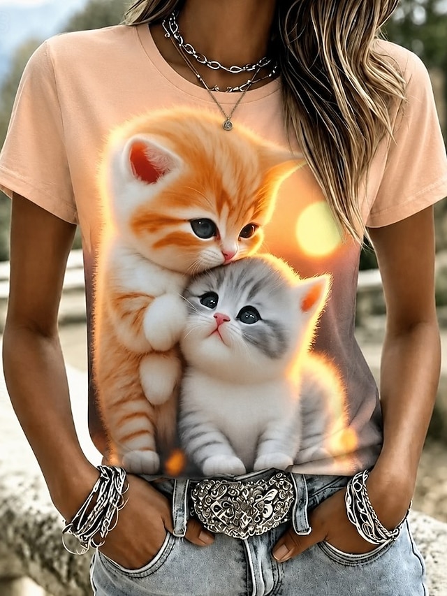 T Shirt Block Print Graphic Animal Cat Vintage Stylish Classic Short Sleeve Crew Neck Regular Tops Casual Daily Purple Orange Green