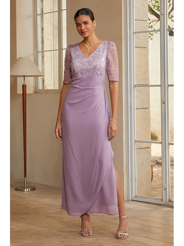  Women's Sheath Column Cocktail Dress Wedding Guest Dress Ankle Length V Neck Half Sleeve Illusion Sleeve Elegant Mother Of The Bride Semi Formal with Chiffon 3D Floral Mesh Slit Side Draping Lavender