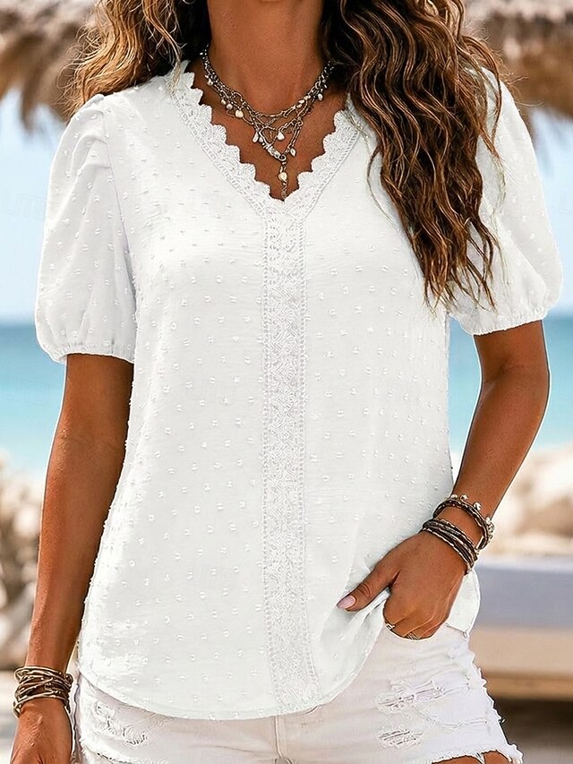 Women's Eyelet Top Summer Tops Lace Trim Vintage Stylish Casual Short ...