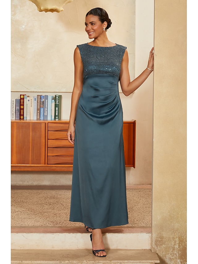  Women's A-Line Cocktail Dress Wedding Guest Dress Ankle Length Boat Neck Sleeveless Empire Waist Elegant Vintage Mother Of The Bride Semi Formal with Satin Sequin Lace Glitter Ruched Stretchy Ink Blue