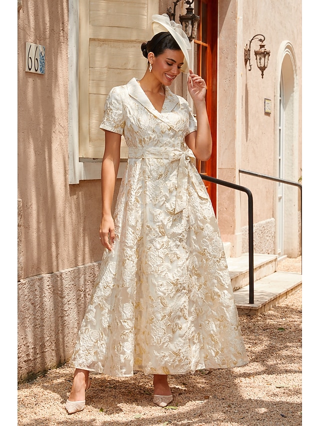  Damen A-Linie Cocktailkleid Kleid für Hochzeitsgäste Knöchellänge Revers Kurzarm Empire-Taille Elegant Vintage Mutter der Braut Formell mit Jacquard Gürtel Blumig Champagner