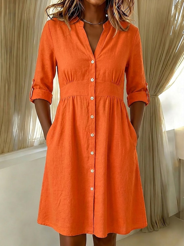  Damen Knielanges Kleid Baumwoll-Leinen-Kleider Hemdblusenkleid Elegant Urlaub Klassisch Täglich Büro Urlaub Normale Passform Einfach Langarm V Ausschnitt Rote Marineblau Orange Sommer Frühling