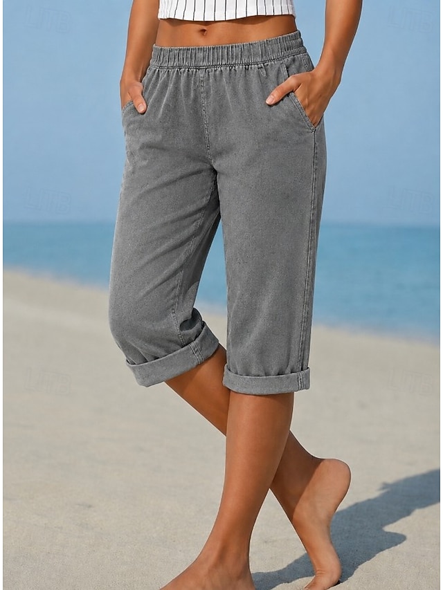 Jeans Denim Capri Pants Burmuda Shorts Fashion Calf Length High Waist Plain Classic Comfort Stretchy Casual Daily Vacation Grey Summer S