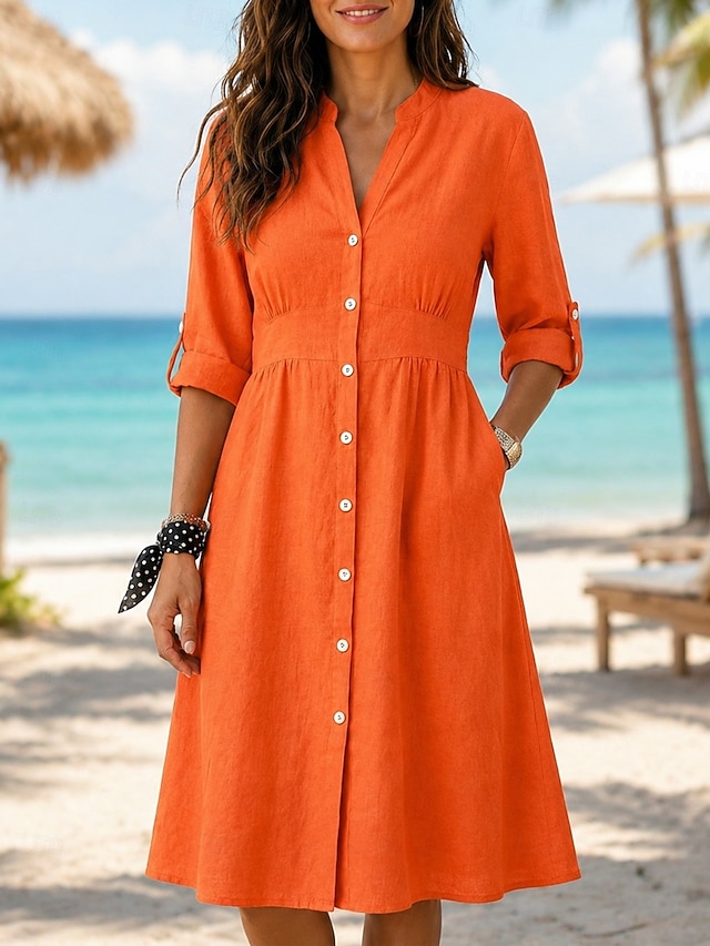  Dames Knielengte jurk Jurken van katoen en linnen Shirtjurk Elegant Vakantie Klassiek Dagelijks Kantoor Vakantie Normale pasvorm Effen Lange mouw V-hals Rood Marineblauw Oranje Zomer Lente