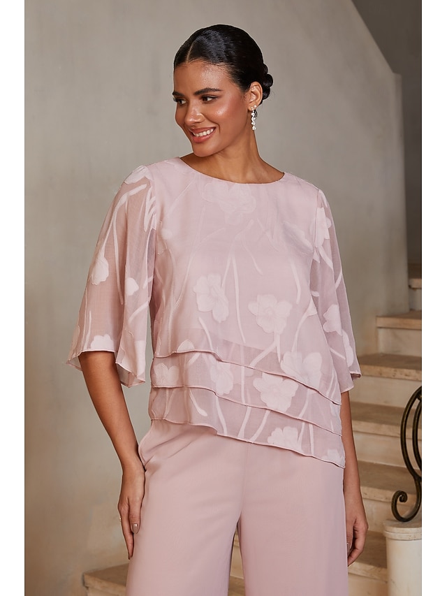  Damen Blusen Rundhalsausschnitt Halbarm Flattrige Ärmel Elegant Alltagstauglich Hochzeitsgast mit Burnout Blumig Stufenrüschensaum Rosa