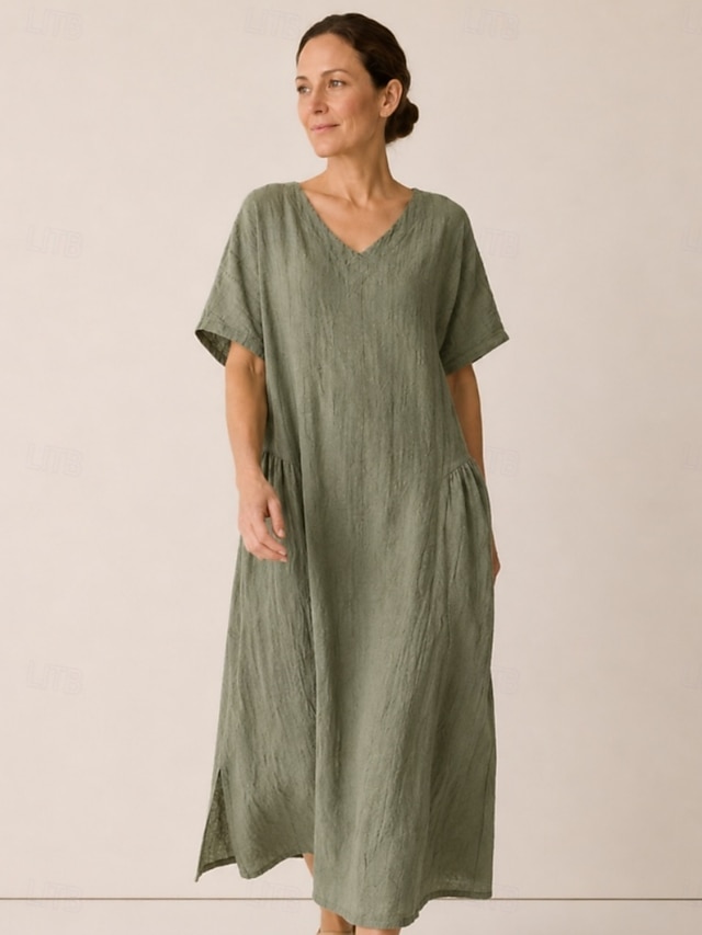 Women's Linen Midi Shift Dress Short Sleeve V Neck Loose Fit Vintage ...